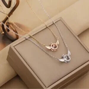 14K White Gold/Rhodium Plated Diamond In Motion Diamond Ring w/Wings Necklace